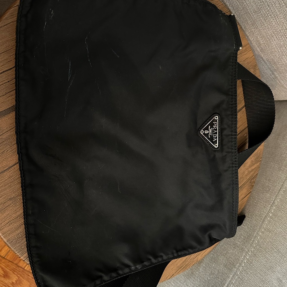 AUTHENTIC PRADA NYLON CROSSBODY FLAT ZIPPER BAG BLACK, H: 10” X W: 12.25”